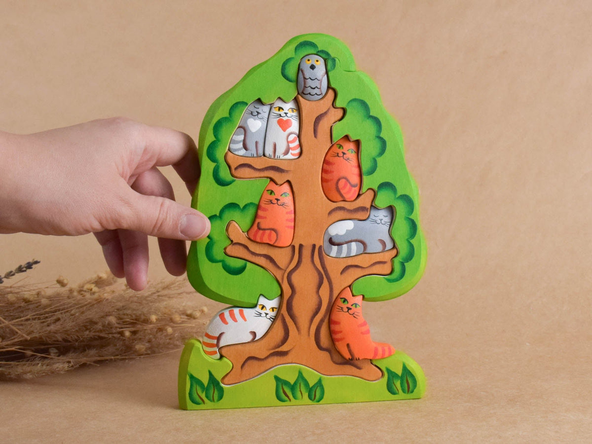 Cat-themed wooden tree puzzle
