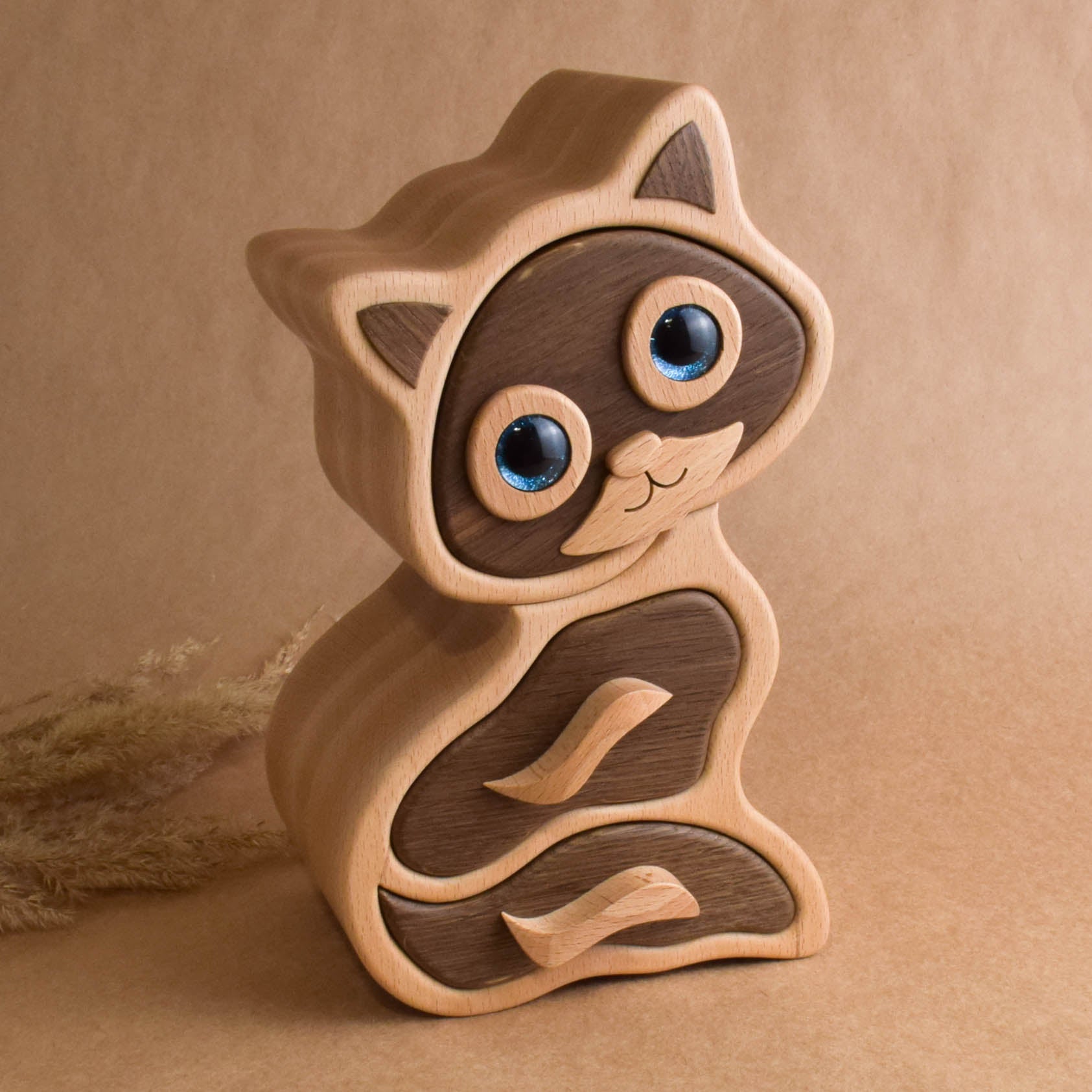 Wooden Jewelry Organizer Box for Women Cute Cat Handmade Home 