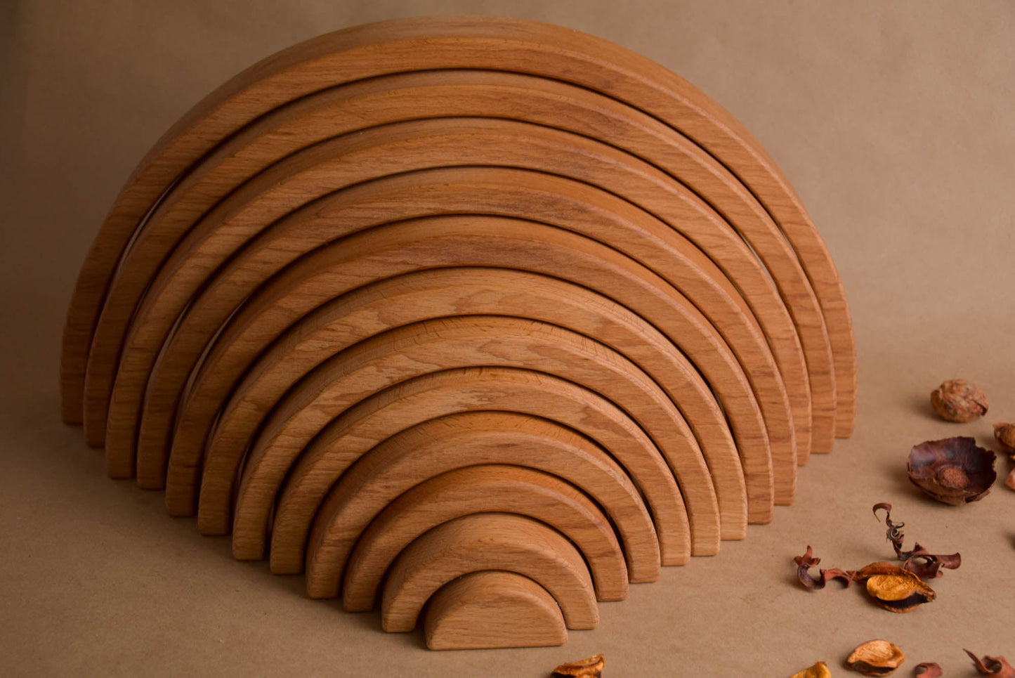 Montessori Wooden Large Rainbow Geometric Stacker Natural 12 Piece