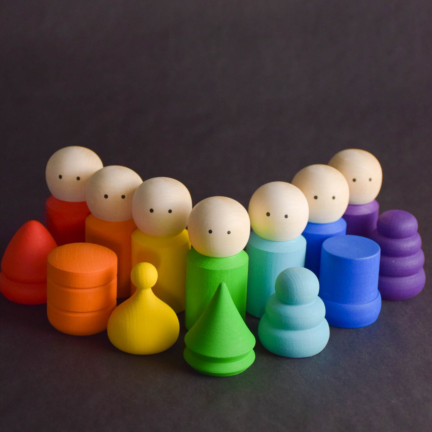 Wood Peg Dolls Family Rainbow in Hats