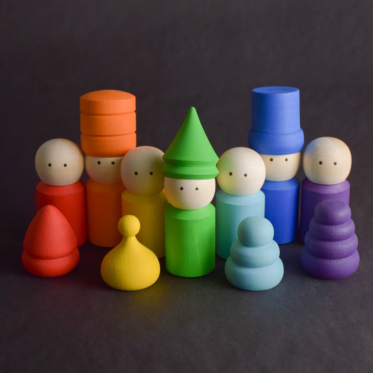 Wood Peg Dolls Family Rainbow in Hats