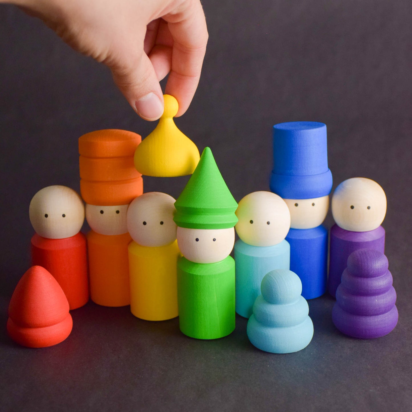 Wood Peg Dolls Family Rainbow in Hats