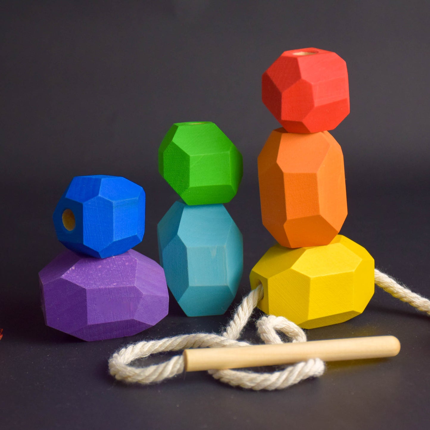 Wood Lacing Toy Balancing Stones Rainbow