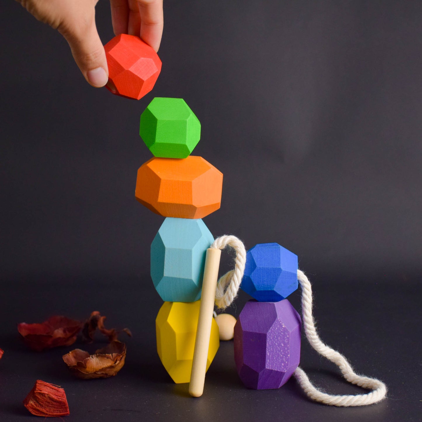 Wood Lacing Toy Balancing Stones Rainbow