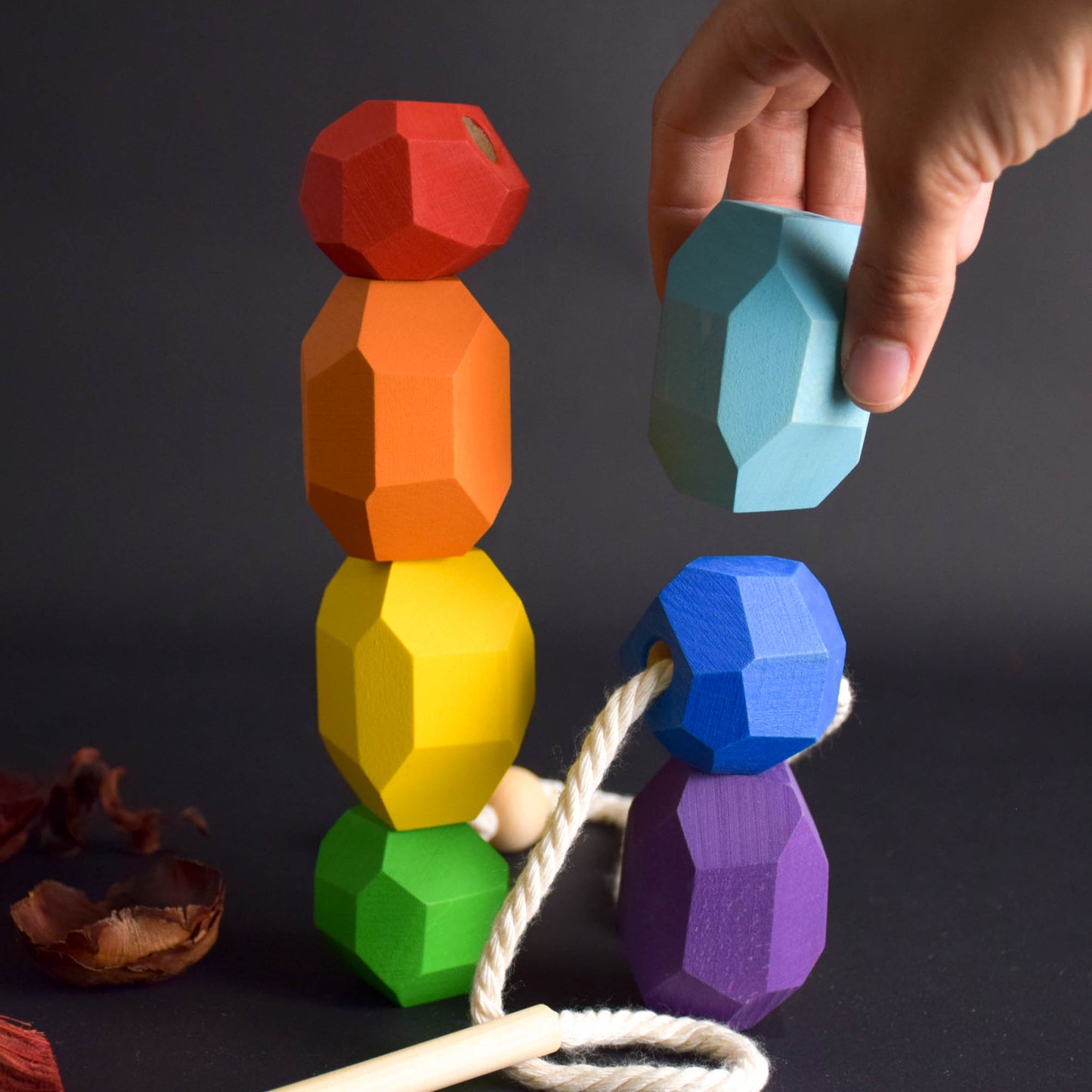 Wood Lacing Toy Balancing Stones Rainbow