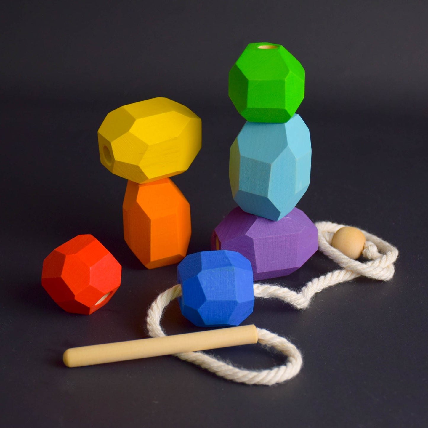 Wood Lacing Toy Balancing Stones Rainbow