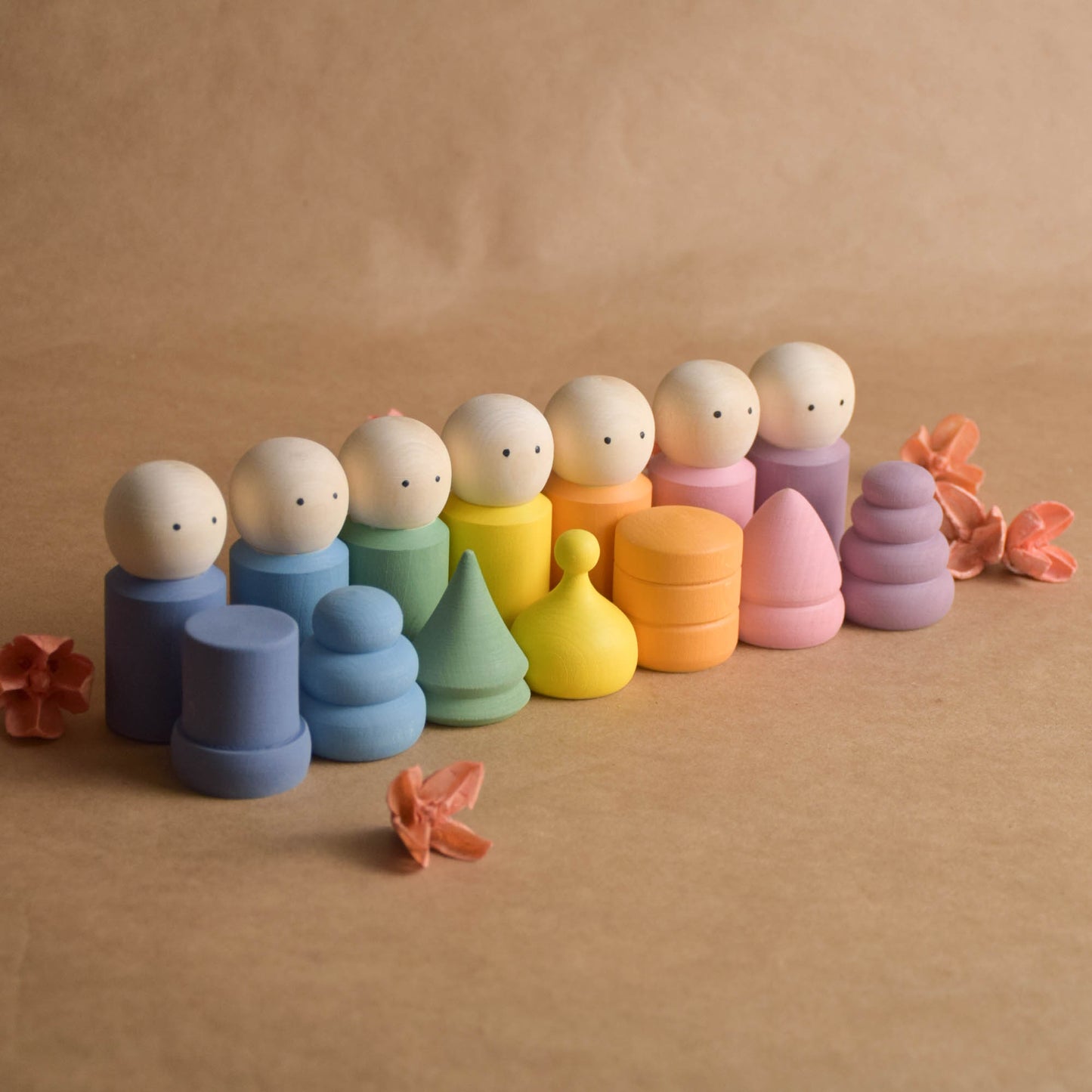 Wood Peg Dolls Family Rainbow in Pastel Hats