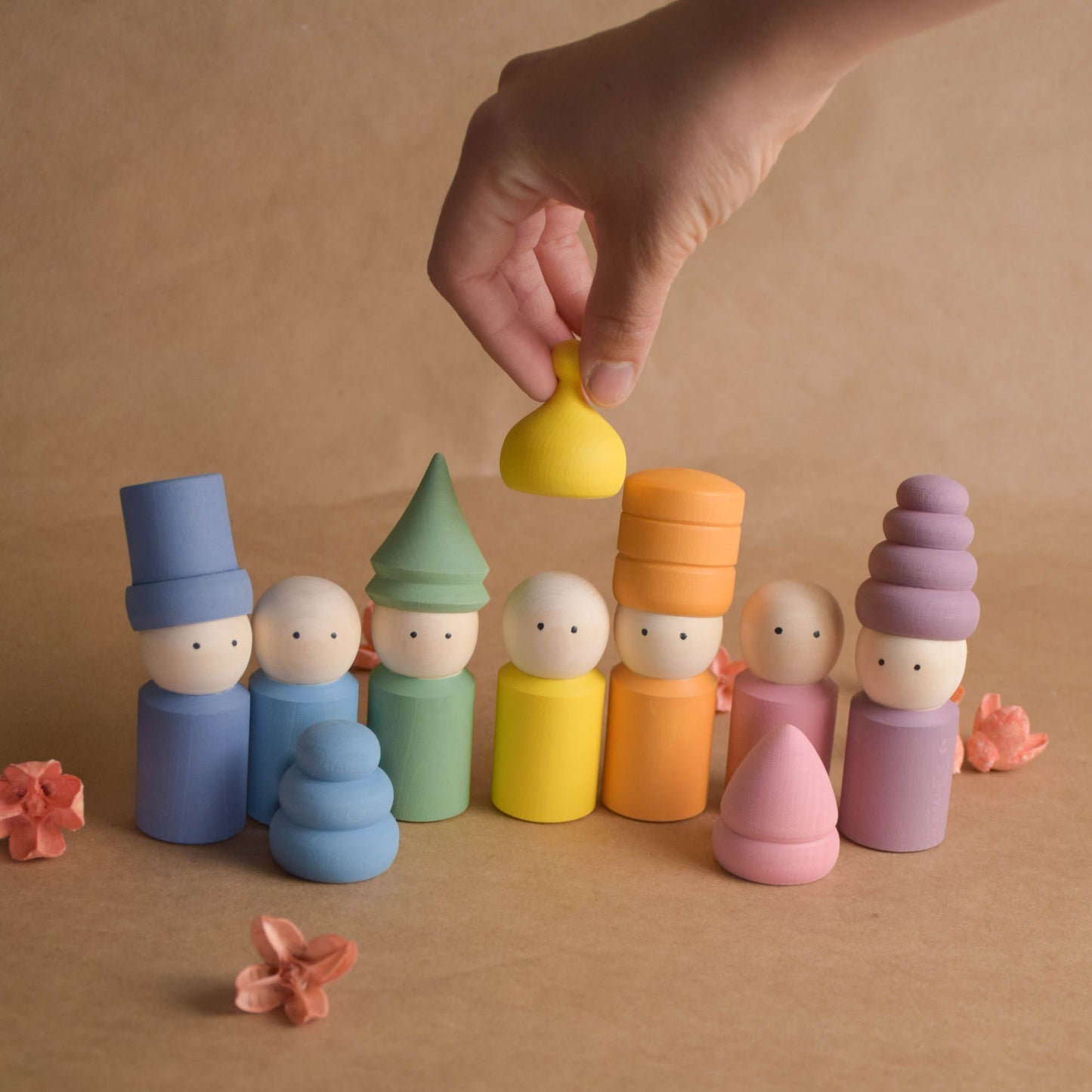 Wood Peg Dolls Family Rainbow in Pastel Hats