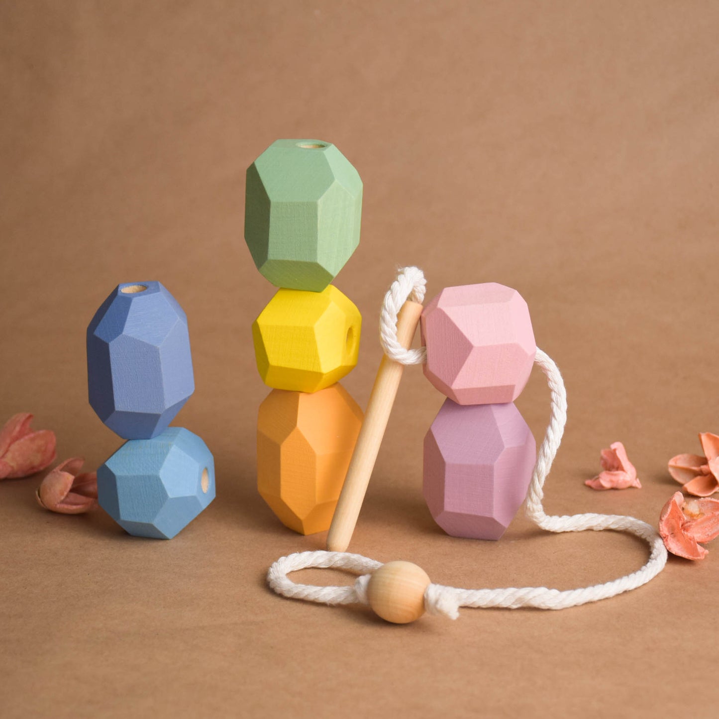 Wood Lacing Toy Stacking Rocks Pastel