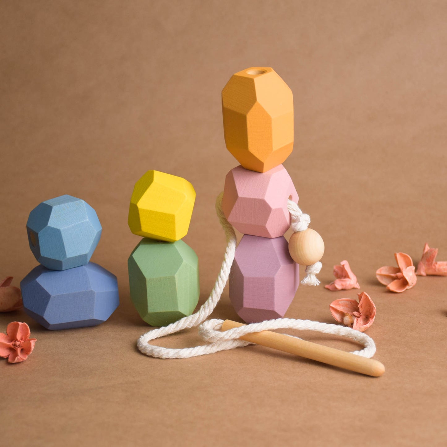 Wood Lacing Toy Stacking Rocks Pastel
