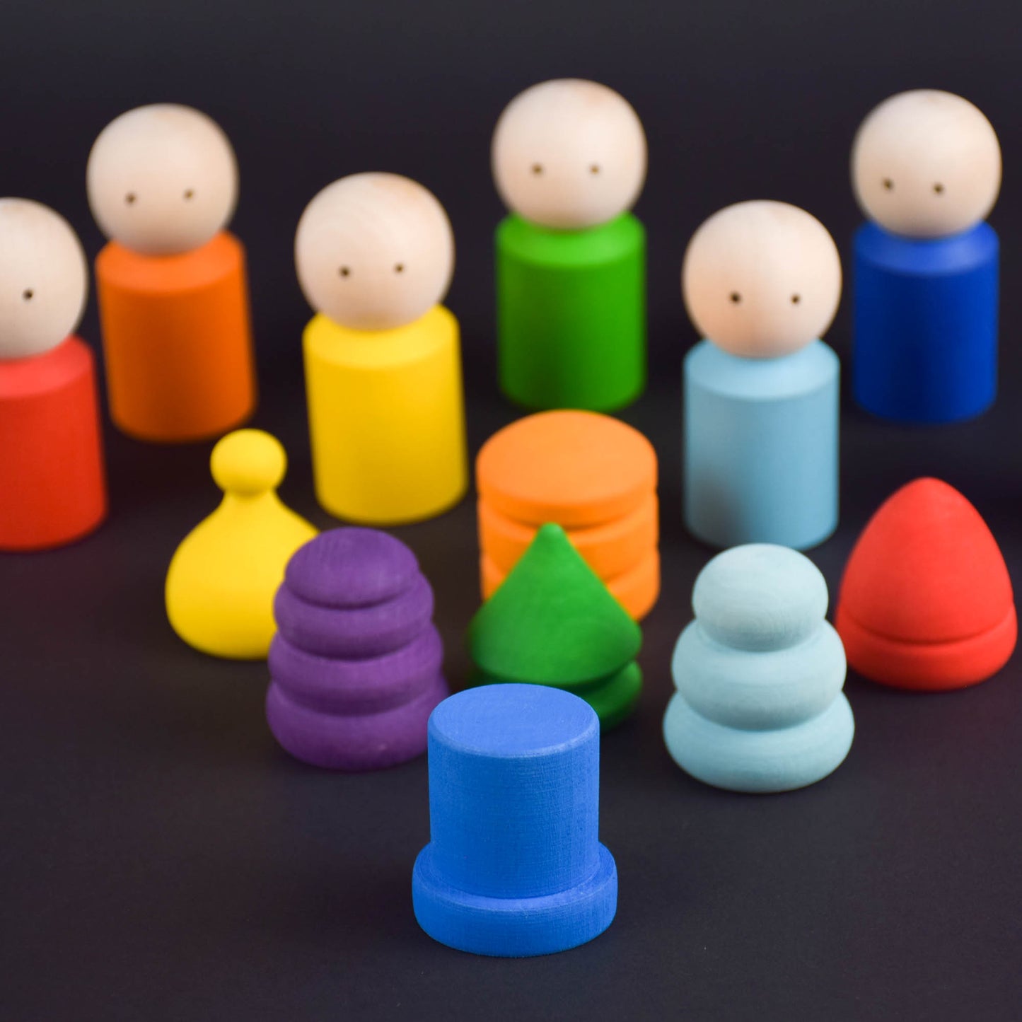 Wood Peg Dolls Family Rainbow in Hats