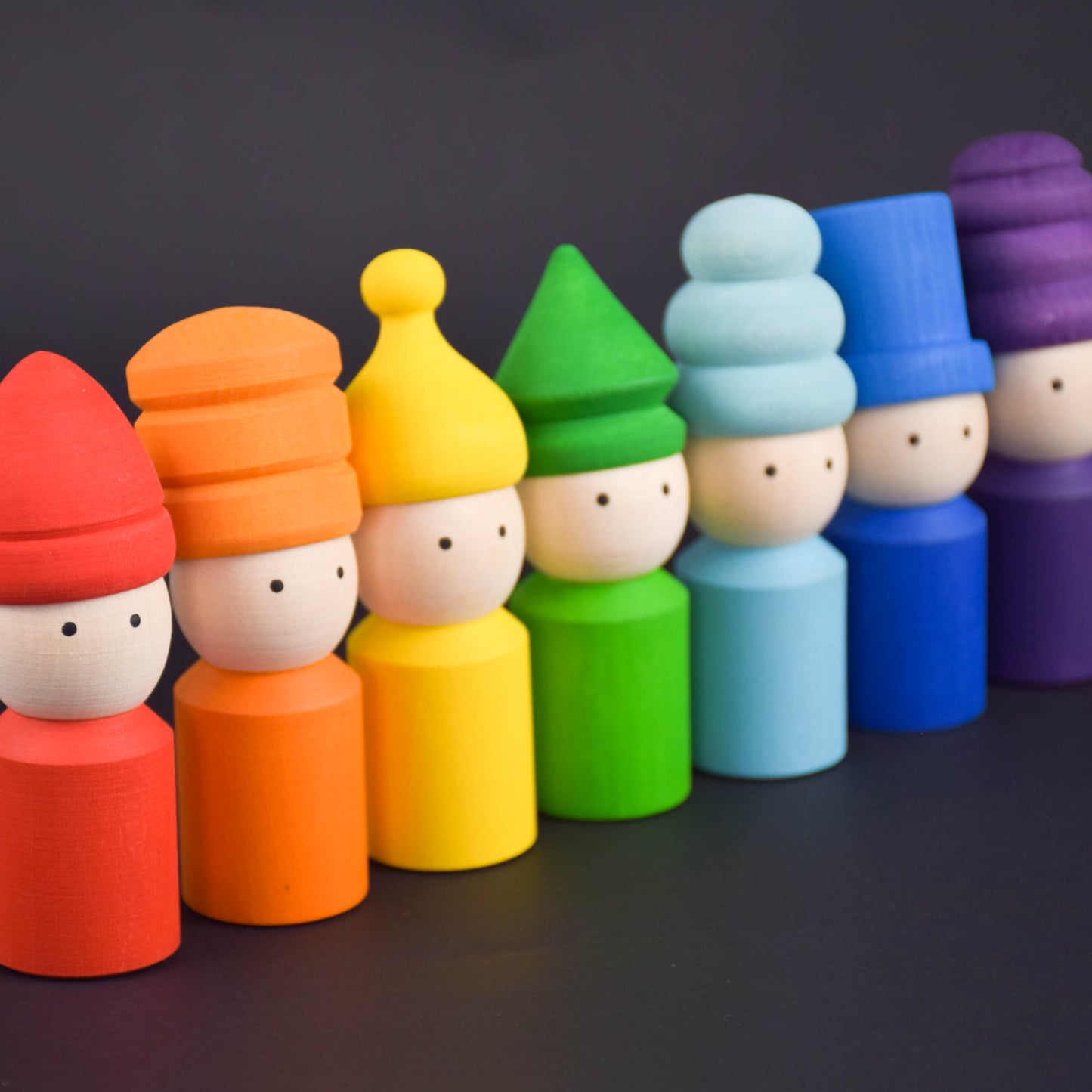 Wood Peg Dolls Family Rainbow in Hats