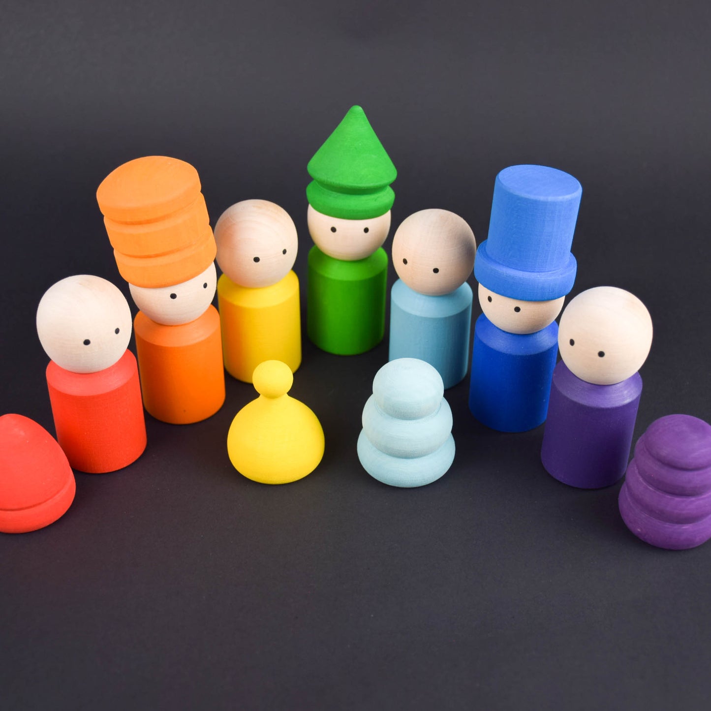 Wood Peg Dolls Family Rainbow in Hats