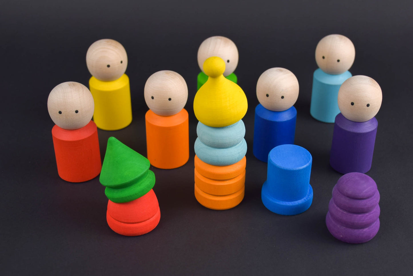 Wood Peg Dolls Family Rainbow in Hats