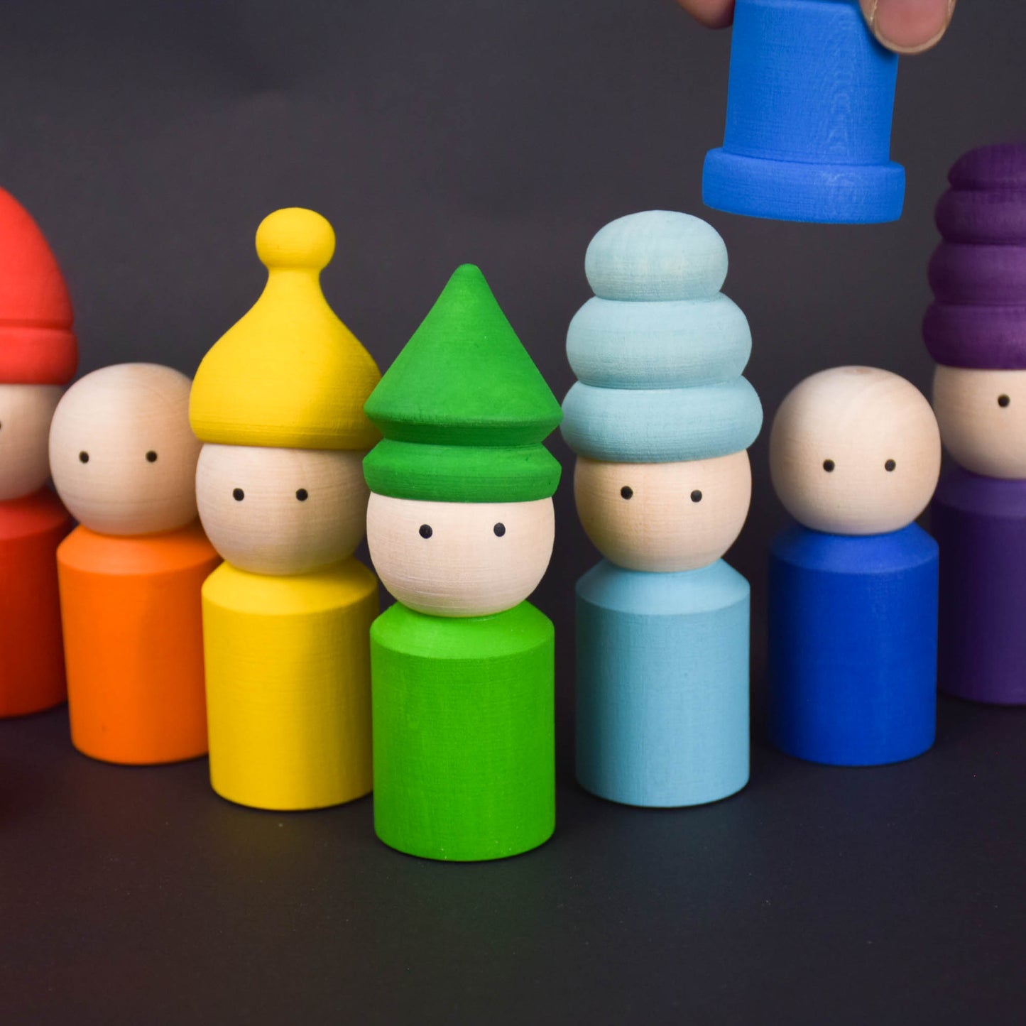 Wood Peg Dolls Family Rainbow in Hats