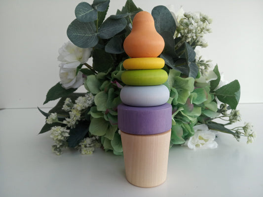 Wooden Ring Stacker Toy Ice Cream, Montessori Rainbow Stacker, Montessori Baby Toys, Waldorf Toddler Toys, Educational Toy, First Baby Gift