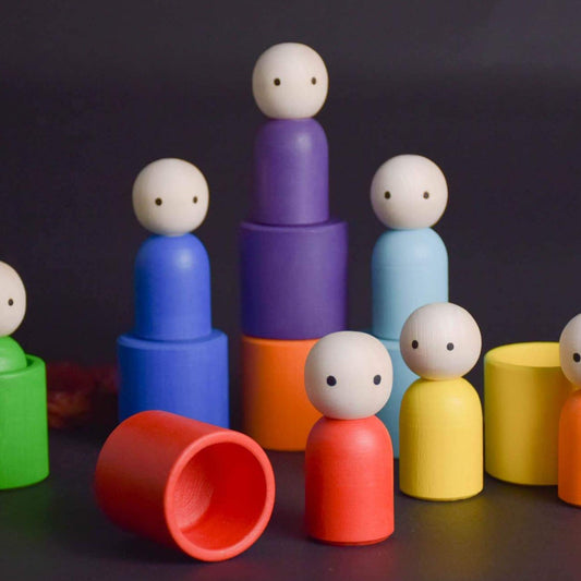 Wooden Peg Dolls Set in Colored Rainbow Hat, Little People, Montessori Baby Toys, Waldorf Gnome Doll, Open Ended Toys for Toddlers