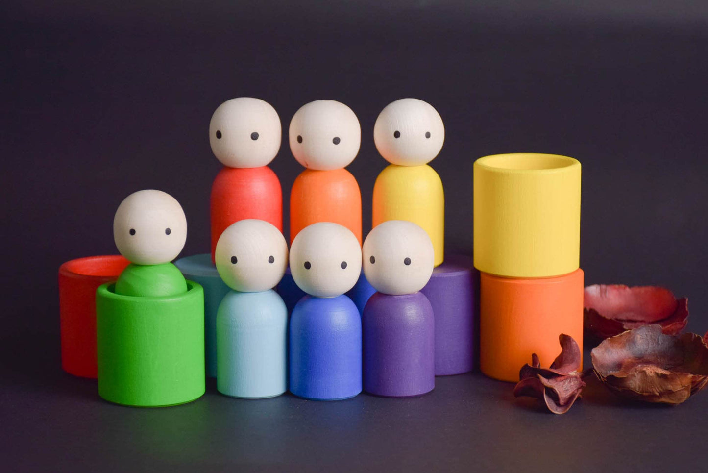 Wooden Peg Dolls Set in Colored Rainbow Hat, Little People, Montessori Baby Toys, Waldorf Gnome Doll, Open Ended Toys for Toddlers