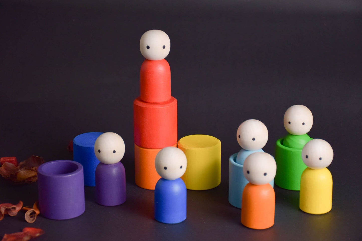 Wooden Peg Dolls Set in Colored Rainbow Hat, Little People, Montessori Baby Toys, Waldorf Gnome Doll, Open Ended Toys for Toddlers