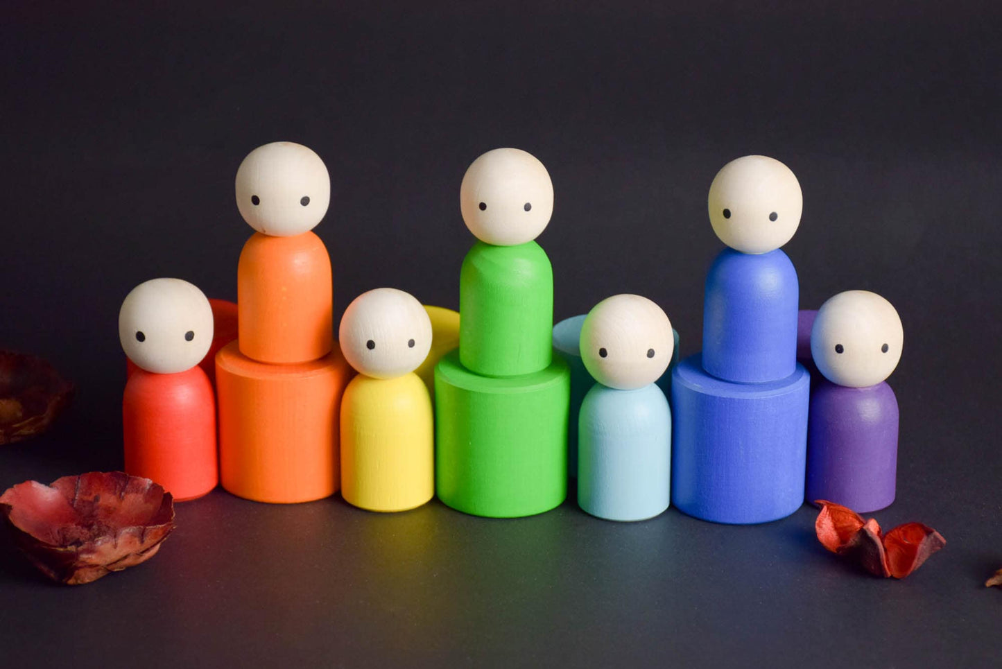 Wooden Peg Dolls Set in Colored Rainbow Hat, Little People, Montessori Baby Toys, Waldorf Gnome Doll, Open Ended Toys for Toddlers