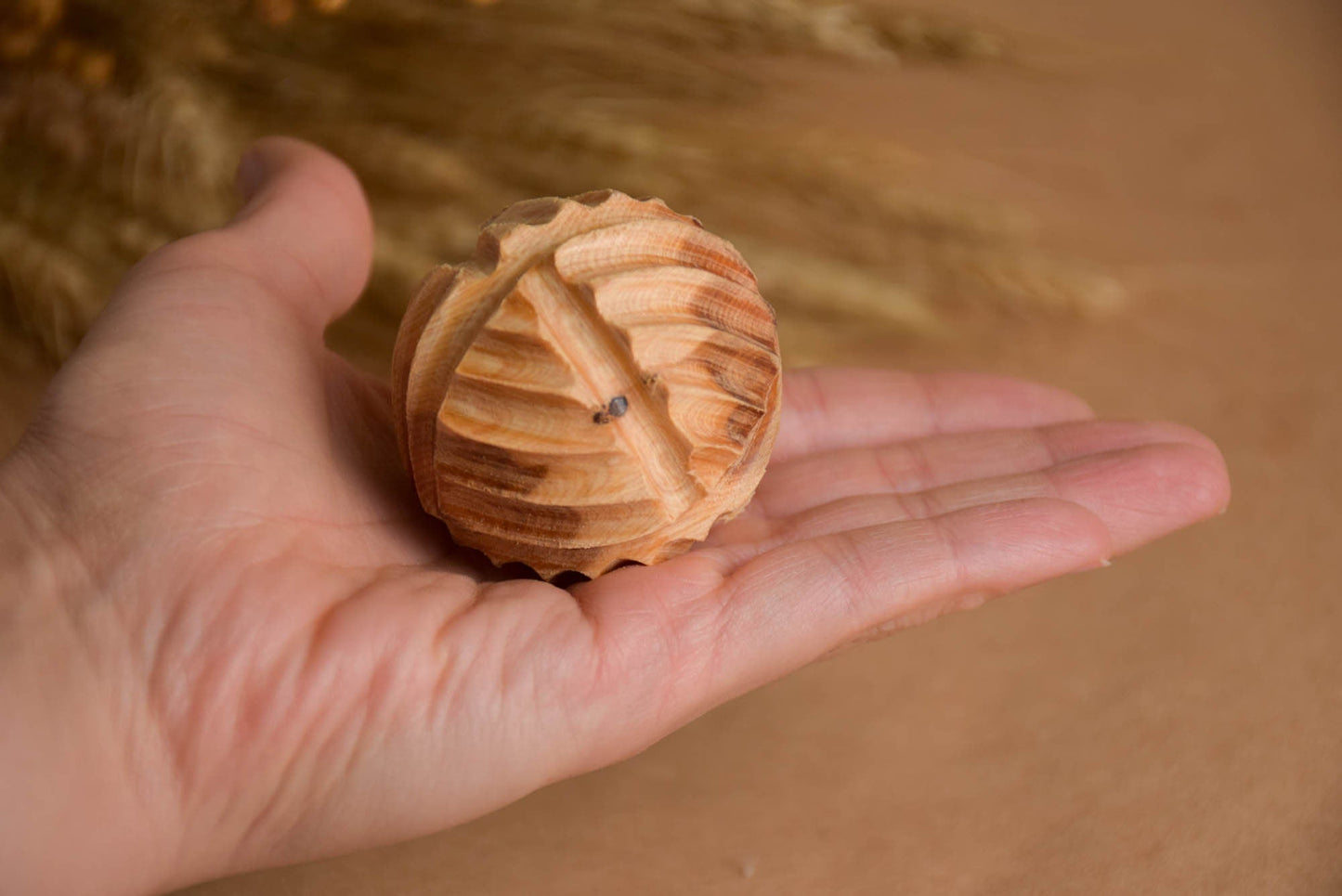 Wooden Juniper Riffled Ball, Juniper Aroma Massage, Organic Montessori Toys, Wooden Tactile Toy for Toddlers, Sensory Wooden Toy for Babies