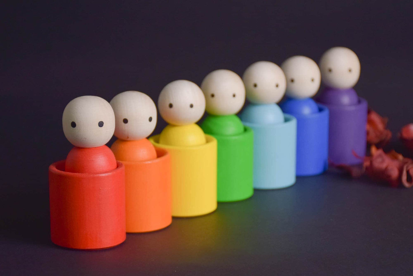 Wooden Peg Dolls Set in Colored Rainbow Hat, Little People, Montessori Baby Toys, Waldorf Gnome Doll, Open Ended Toys for Toddlers