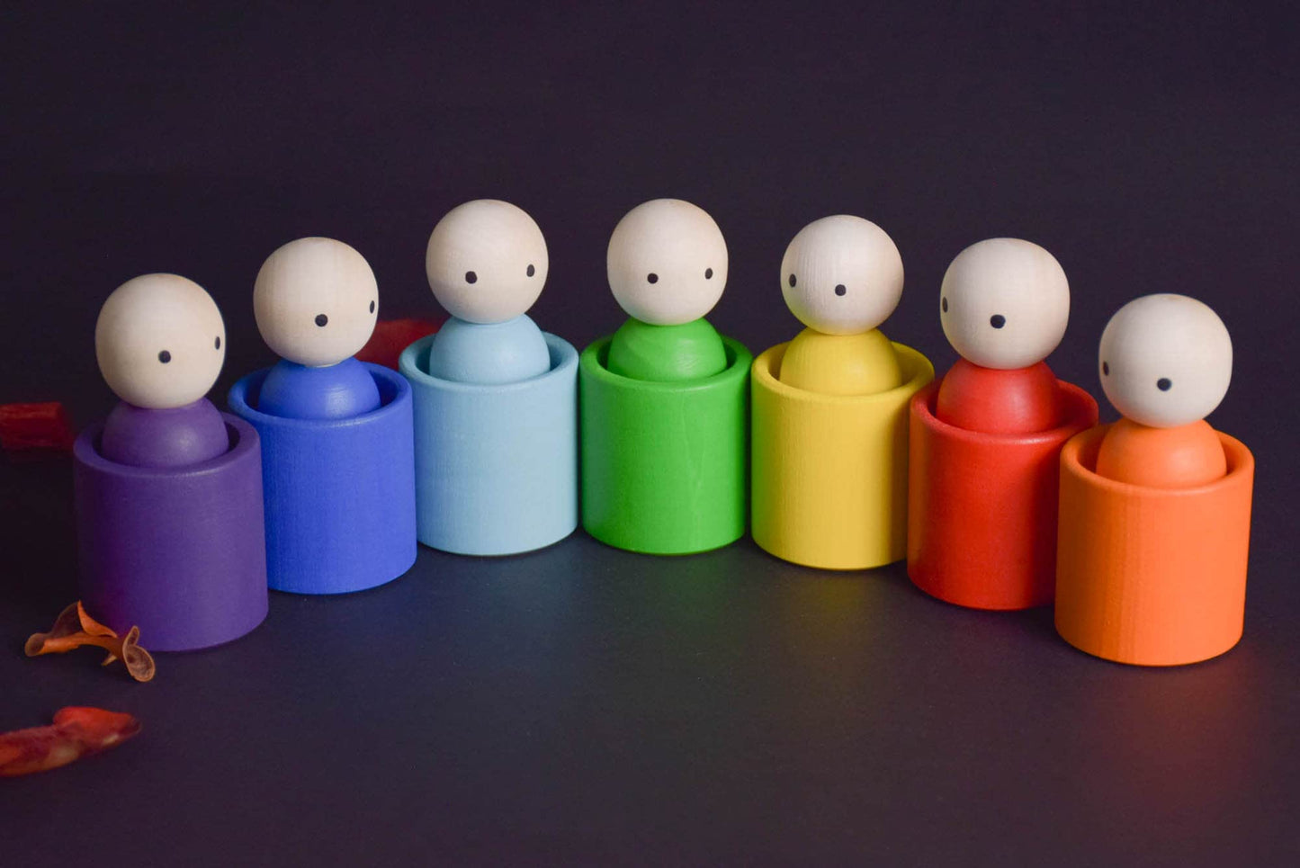 Wooden Peg Dolls Set in Colored Rainbow Hat, Little People, Montessori Baby Toys, Waldorf Gnome Doll, Open Ended Toys for Toddlers