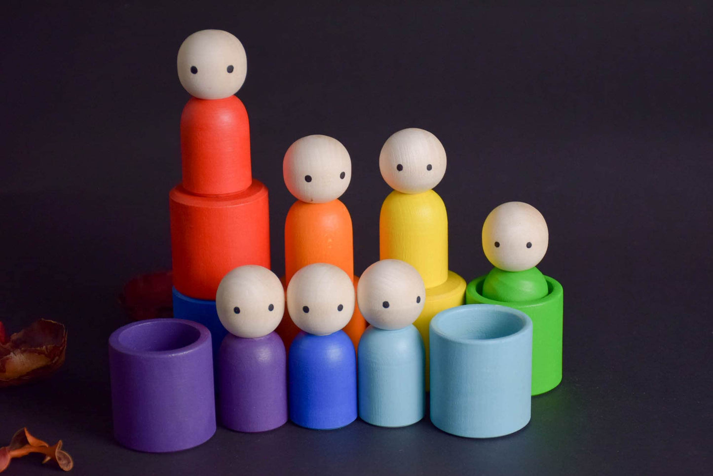 Wooden Peg Dolls Set in Colored Rainbow Hat, Little People, Montessori Baby Toys, Waldorf Gnome Doll, Open Ended Toys for Toddlers