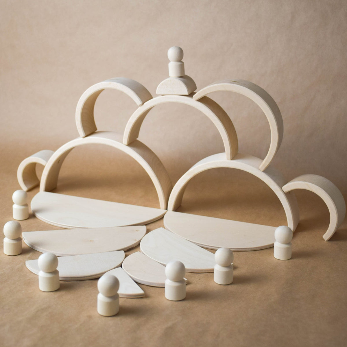 Handmade Montessori natural rainbow building toy crafted from linden wood and plywood