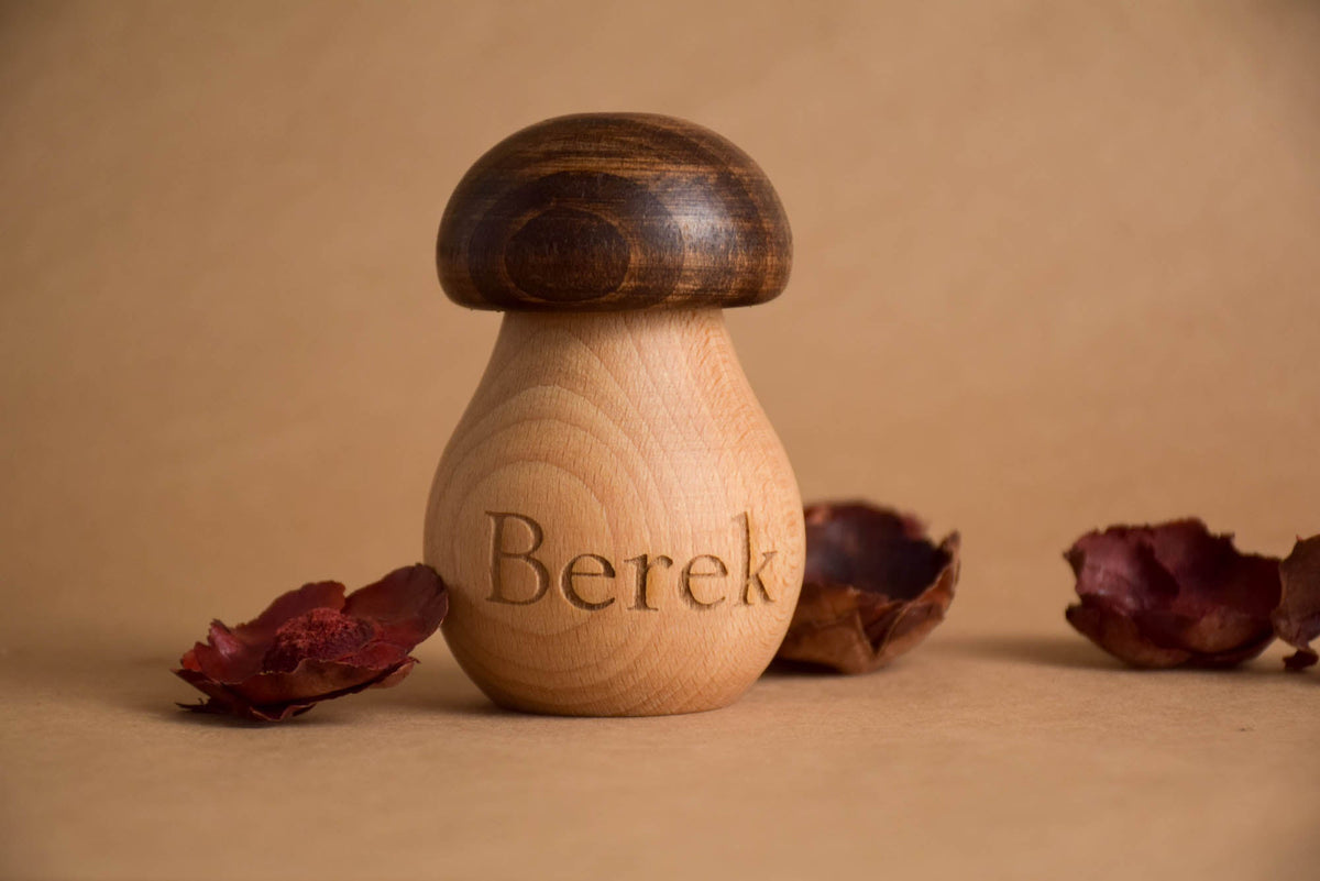 Beech wood twist-and-unscrew mushroom toy
