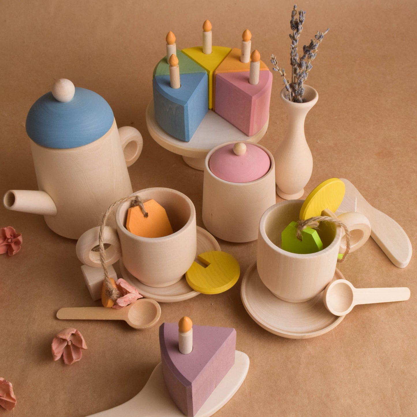 Tea Set and Pastel Cake with Candles