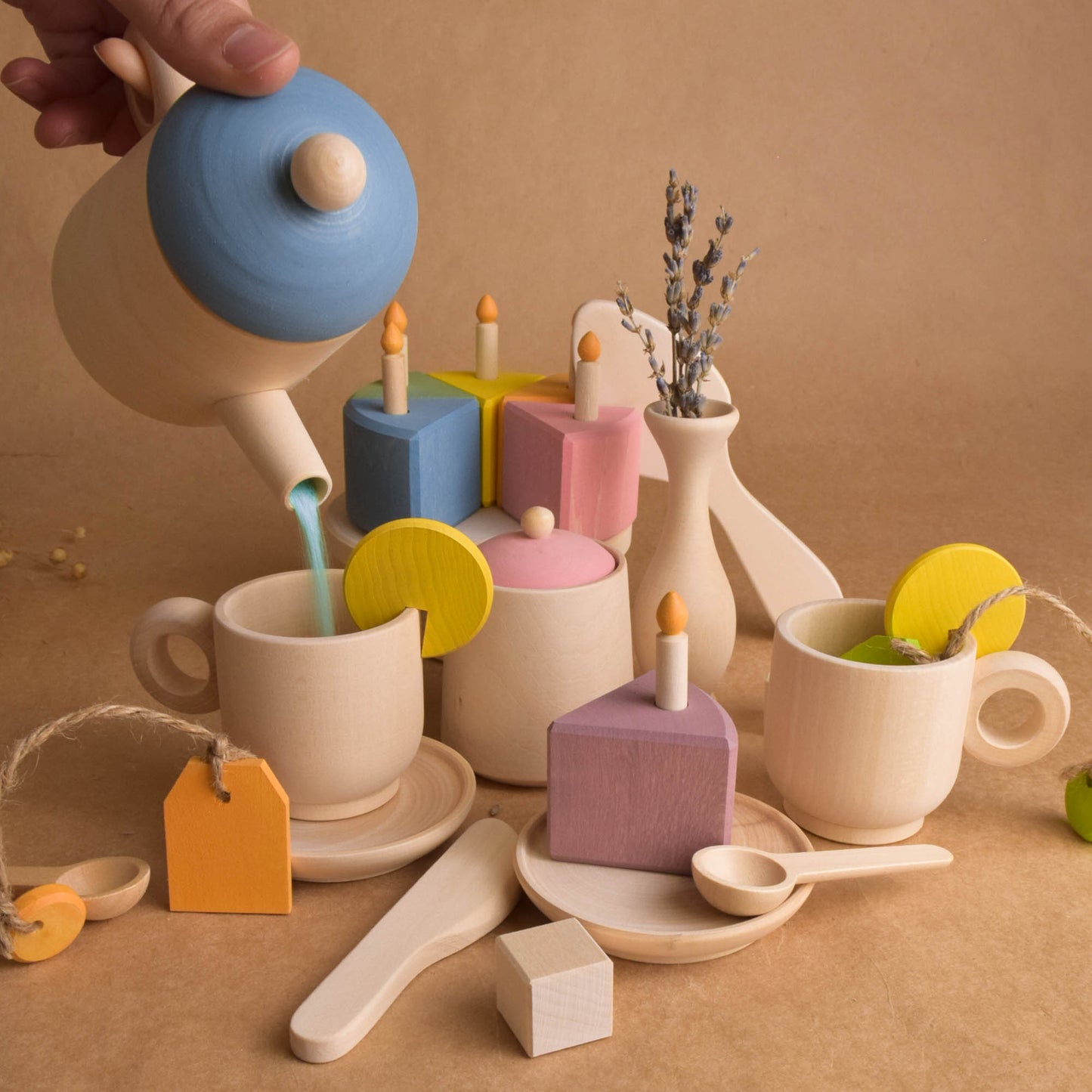 Tea Set and Pastel Cake with Candles