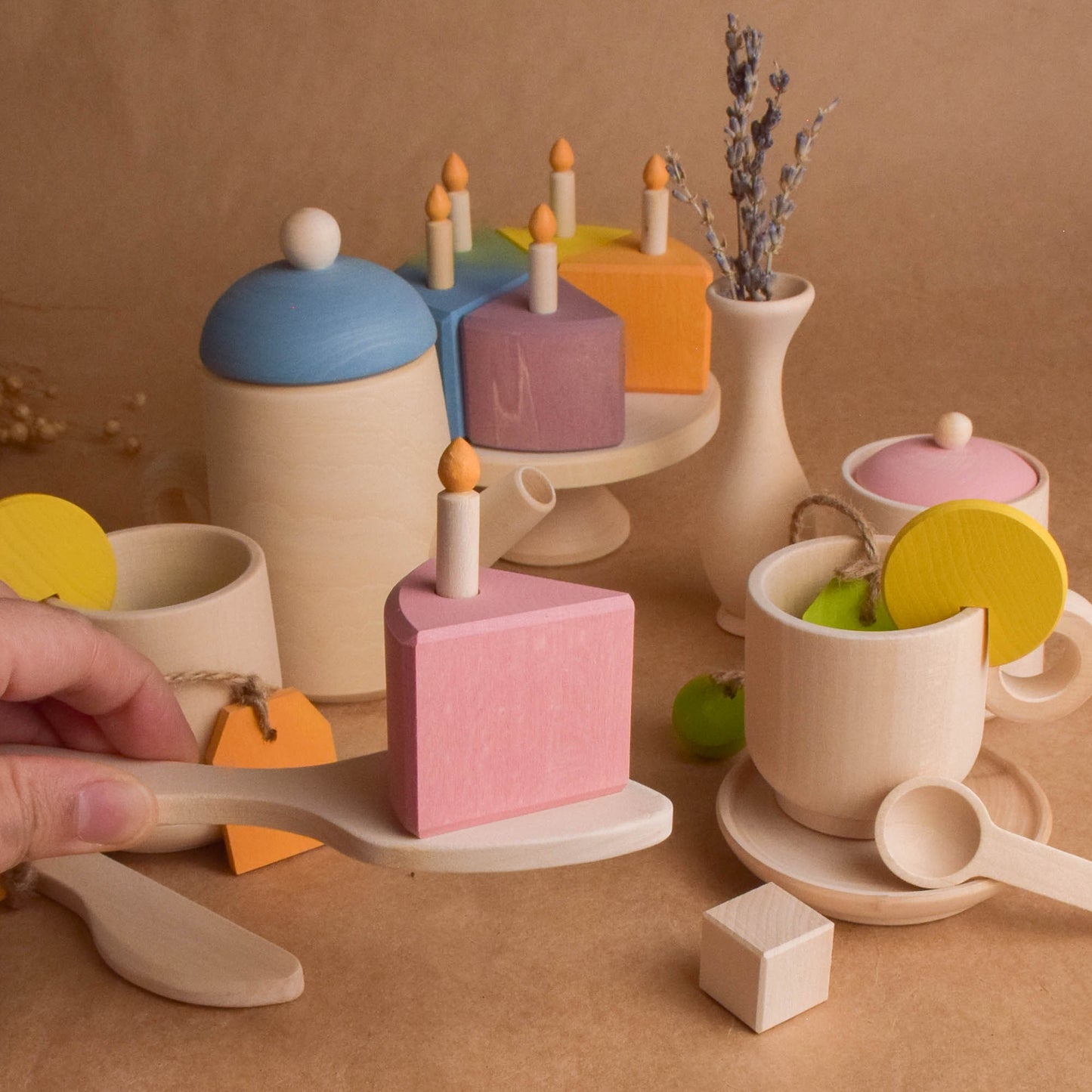 Tea Set and Pastel Cake with Candles
