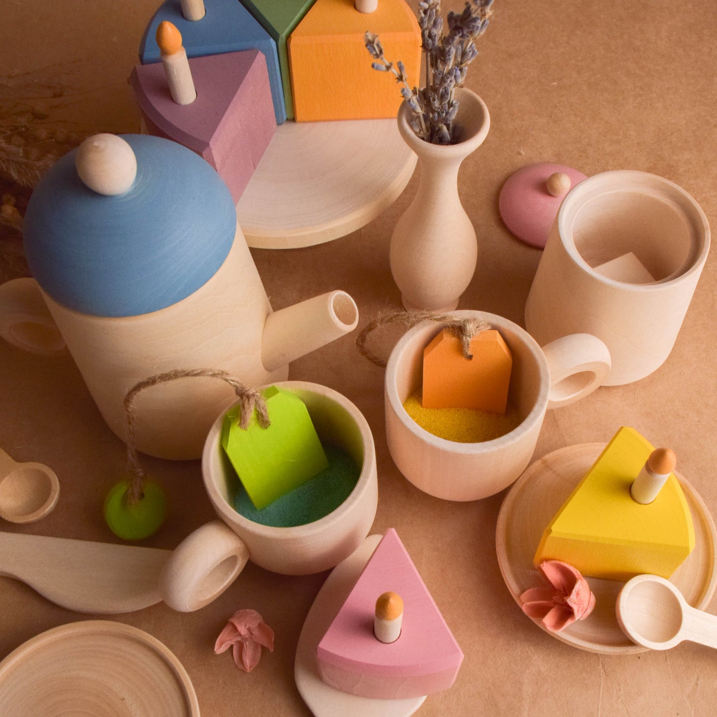 Tea Set and Pastel Cake with Candles