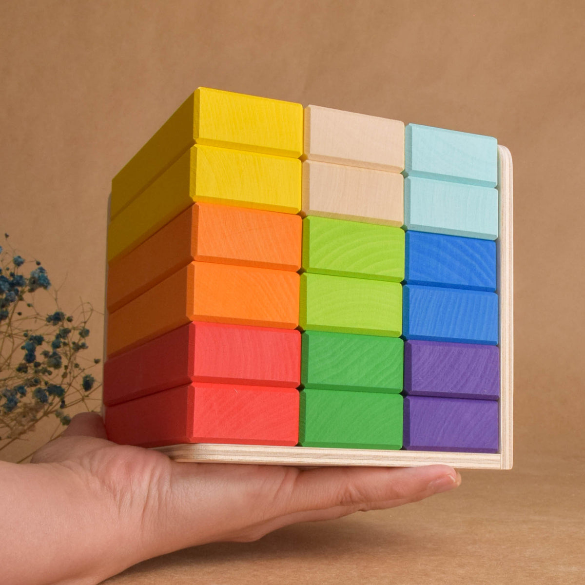 Wooden Rainbow Building Bricks in Cube