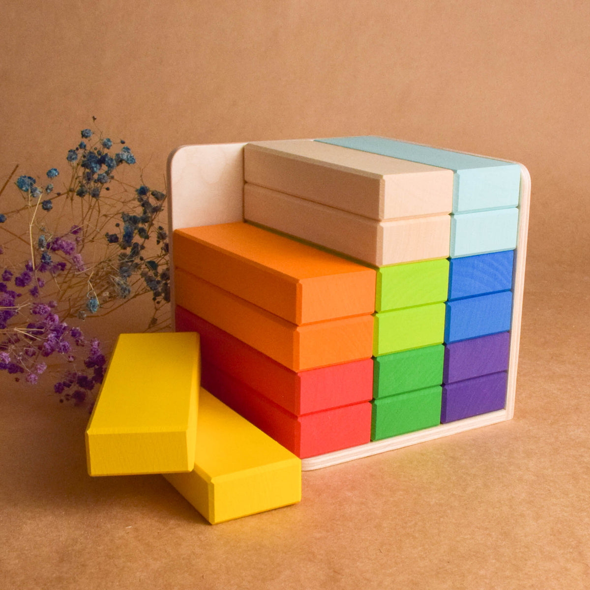 Wooden Rainbow Building Bricks in Cube