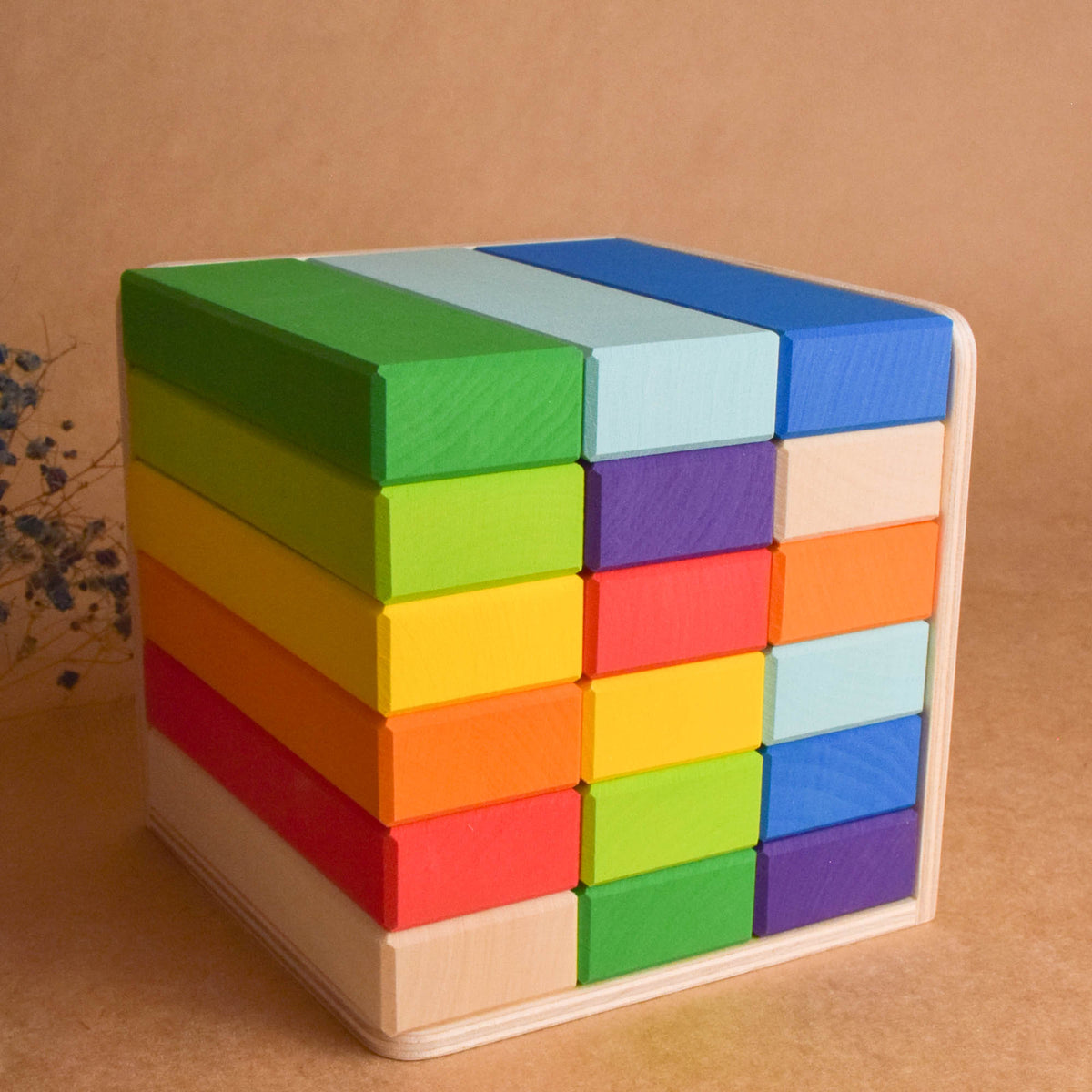 Wooden Rainbow Building Bricks in Cube