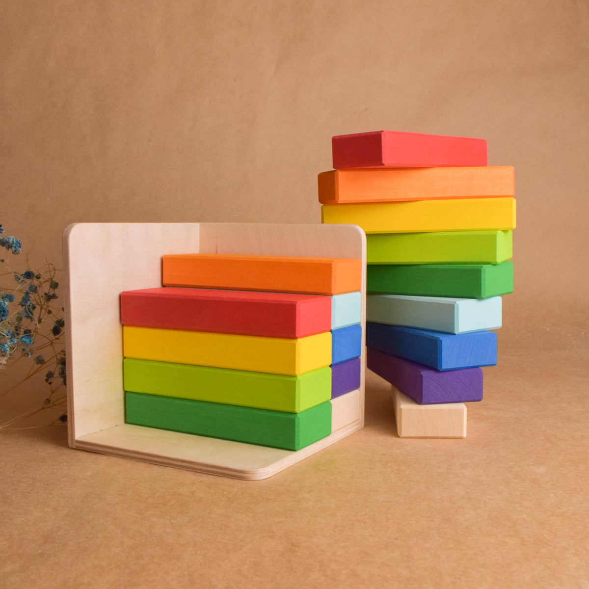 Wooden Rainbow Building Bricks in Cube