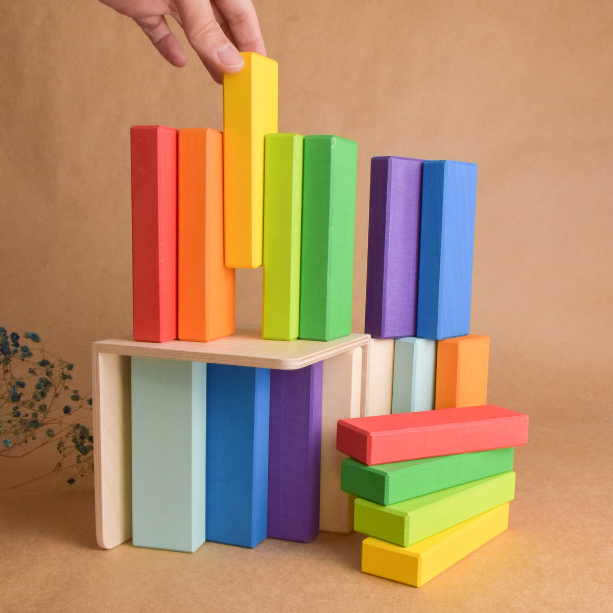 Wooden Rainbow Building Bricks in Cube