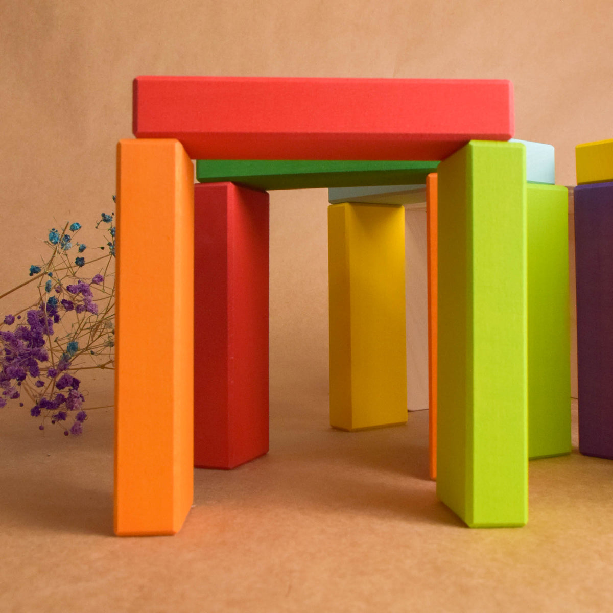 Wooden Rainbow Building Bricks in Cube