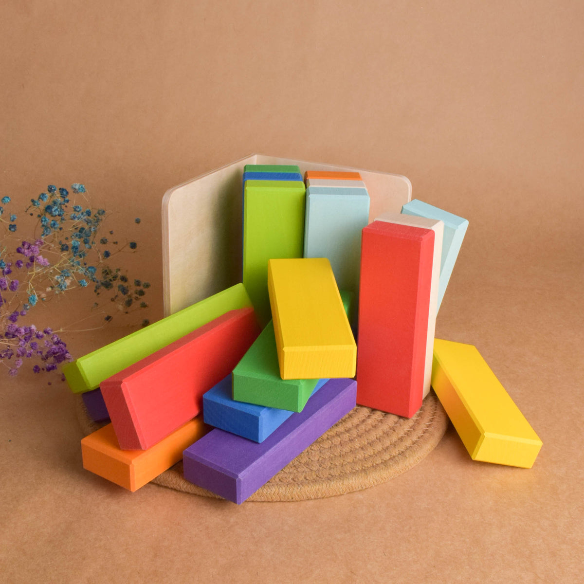 Wooden Rainbow Building Bricks in Cube