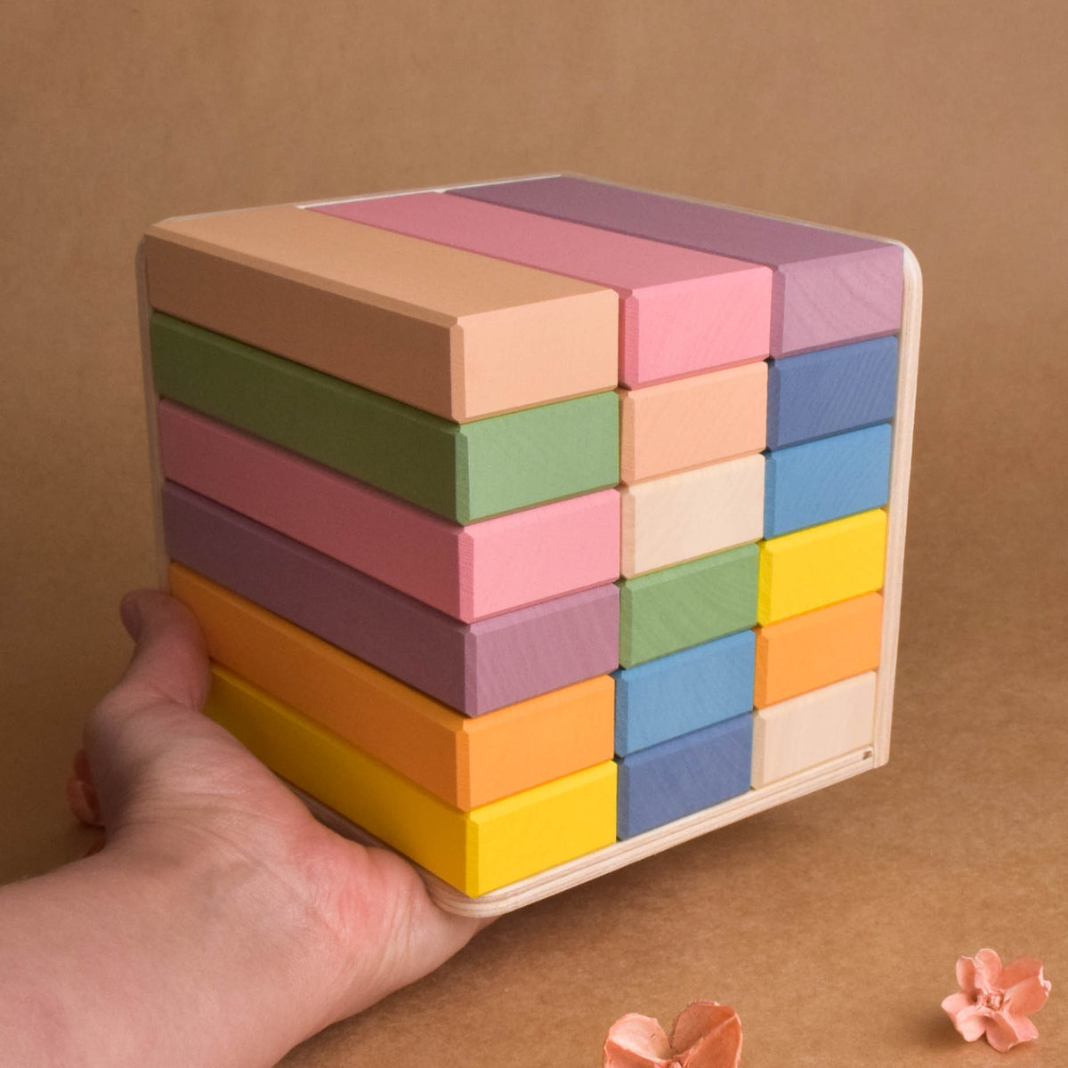 Wooden Pastel Building Bricks in Cube