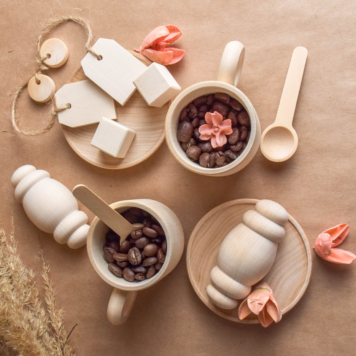 Handmade wooden tea party accessories for Montessori-inspired play, crafted from natural solid wood