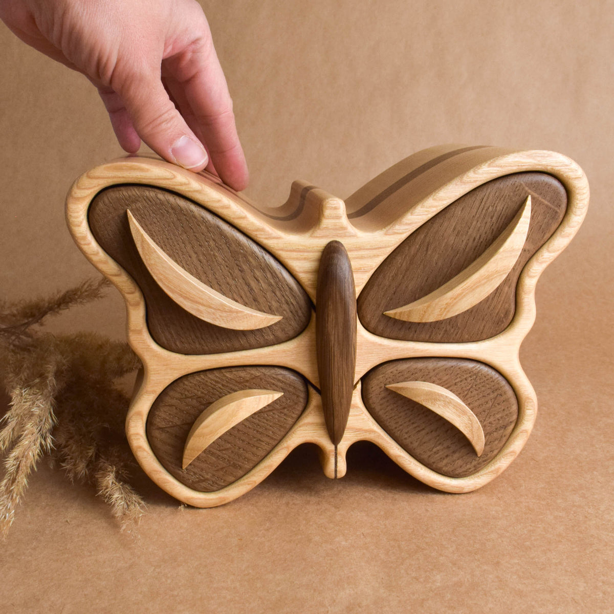 Wooden butterfly jewelry box with storage compartments