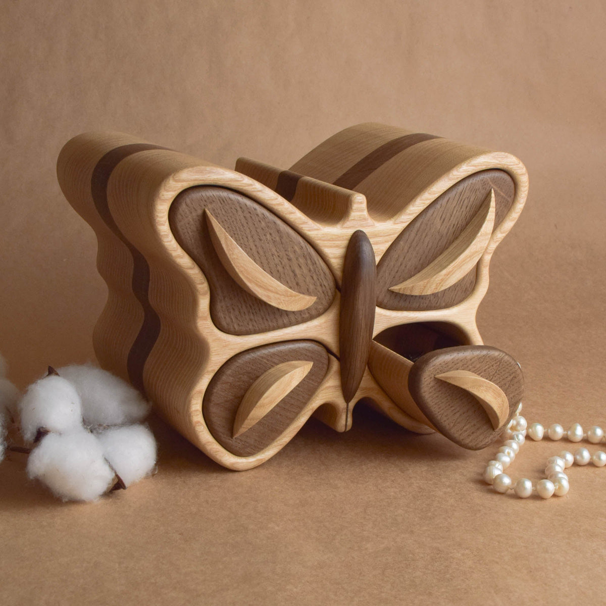 Ash and oak jewelry organizer with a butterfly design