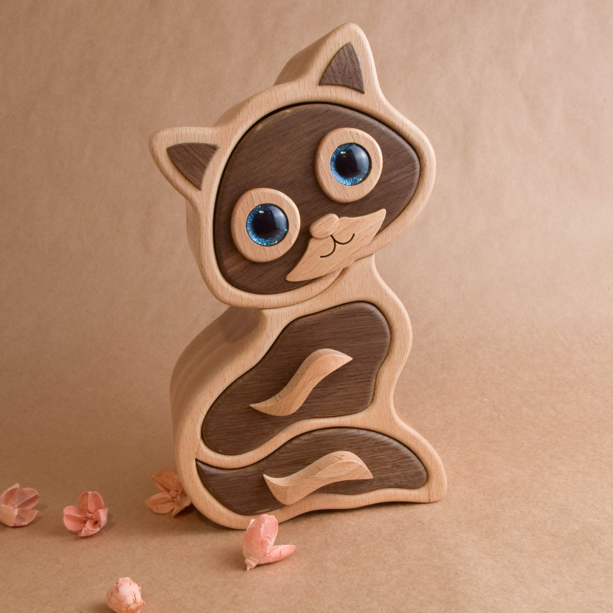 Cat-shaped wooden jewelry box