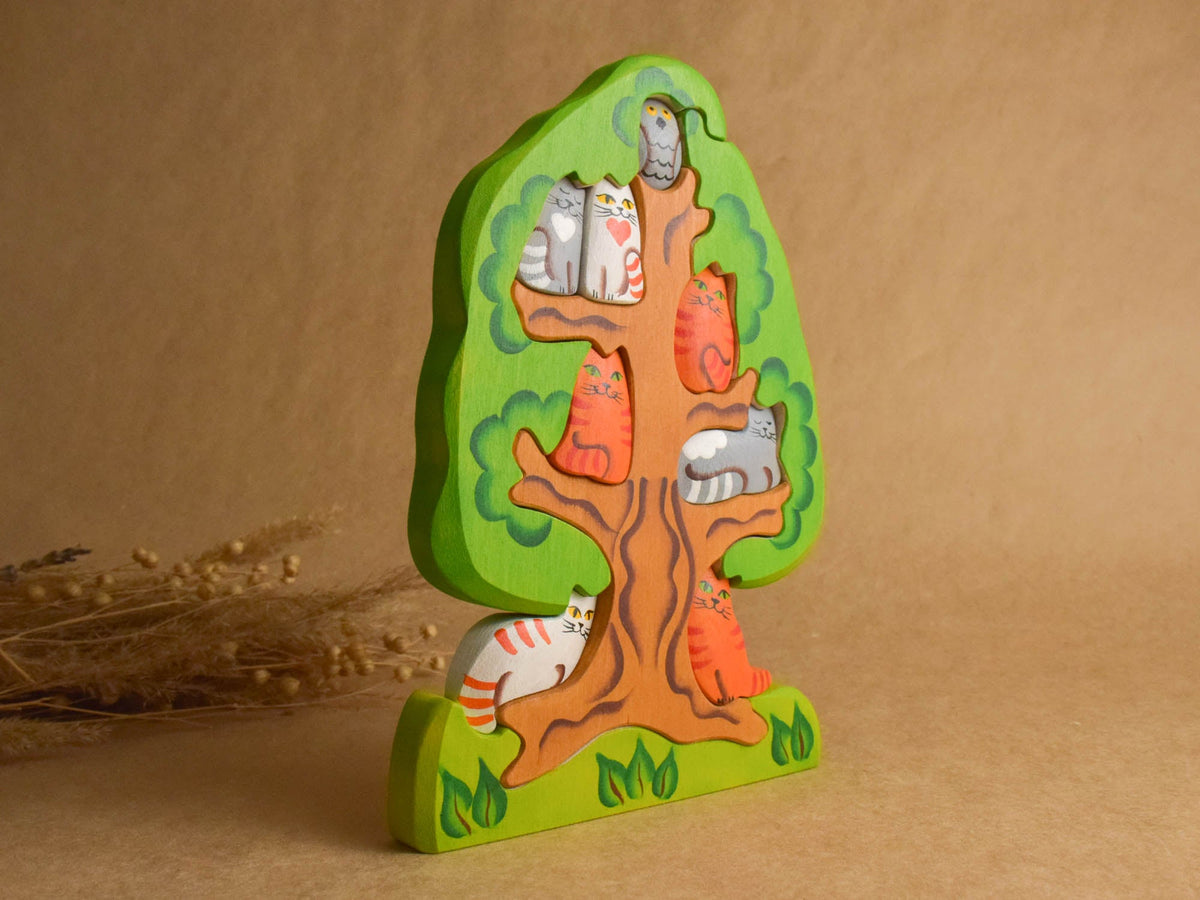 Wooden tree puzzle with cat figurines