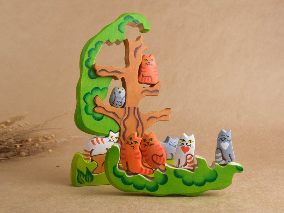 Wooden cat figurines and tree puzzle