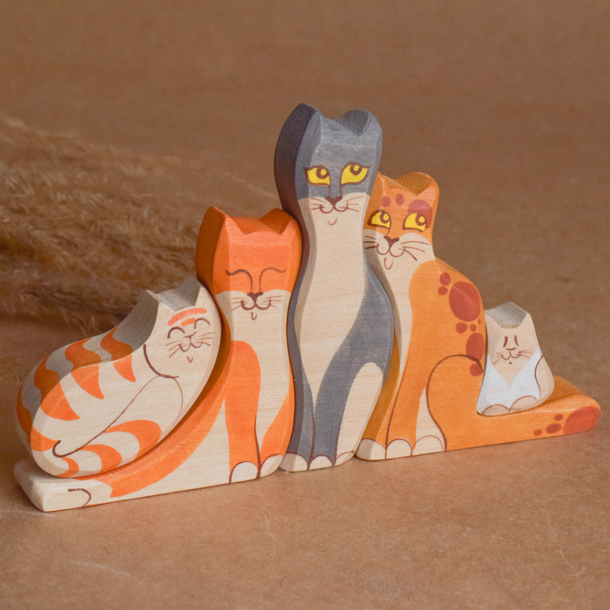 Handmade wooden cats and kittens figurines