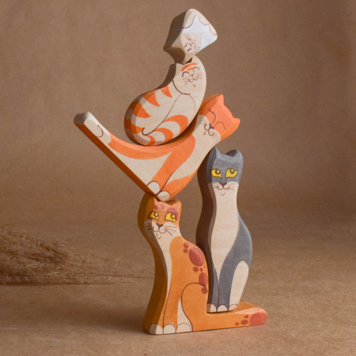 Hand-painted wooden cat and kitten figures
